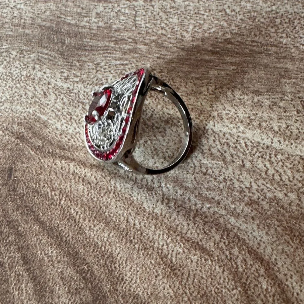 Red Rhinestone Silver Tone Costume Chunky Ring Size 5 1/4 Statement